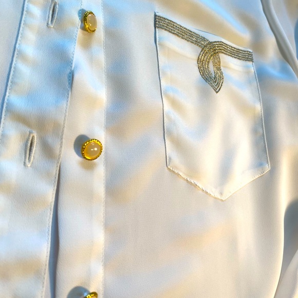 KATHY CHO- White with Gold Ranch Detail Buttondown - Picture 2 of 3